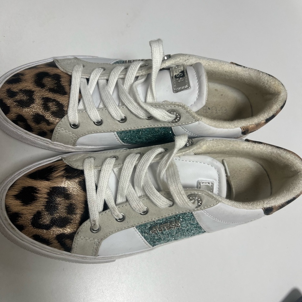 Guess White and Leopard Sneakers with Teal Glitter
